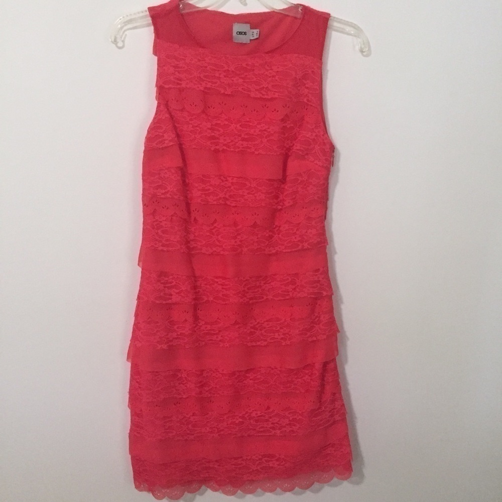 ASOS Lace Overlay Lined Dress Size 4 Pink Salmon